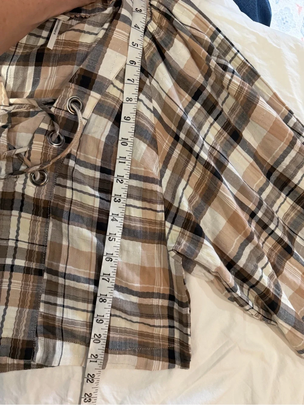 ANTHROPOLOGIE Long-Sleeve Lace-up Dolman Blouse Neutral Pattern Plaid S - Picture 11 of 12